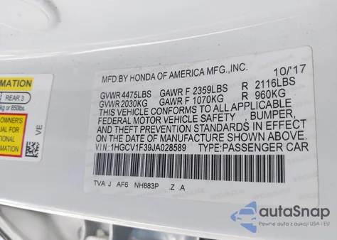 2018 Honda Accord Sport from USA, damaged, VIN 1HGCV1F39JA028589